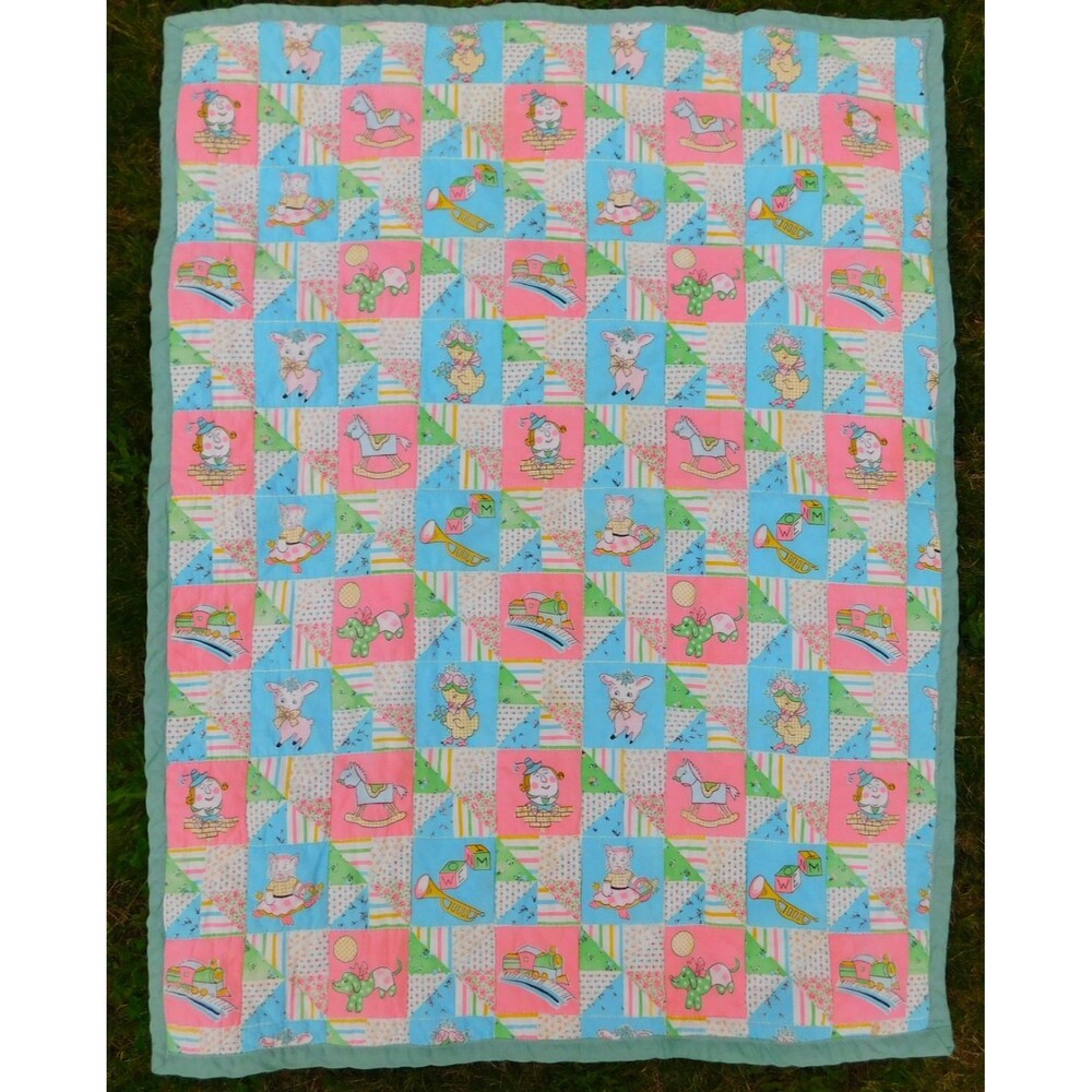 Handmade Baby Quilt Vintage 1950s Patchwork Print Multicolor 42x30 Sheep Ducks
